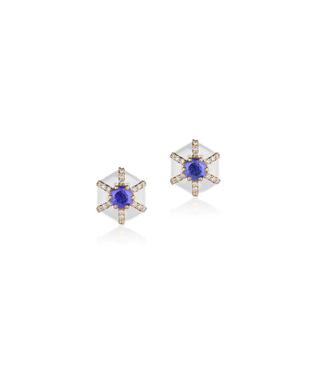 Queen Hexagon Tanzanite & Diamond Stud With White Enamel in 18K Yellow Gold