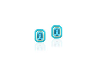 Queen Blue Topaz Emerald Cut Studs With Turquoise Enamel in 18K Yellow Gold