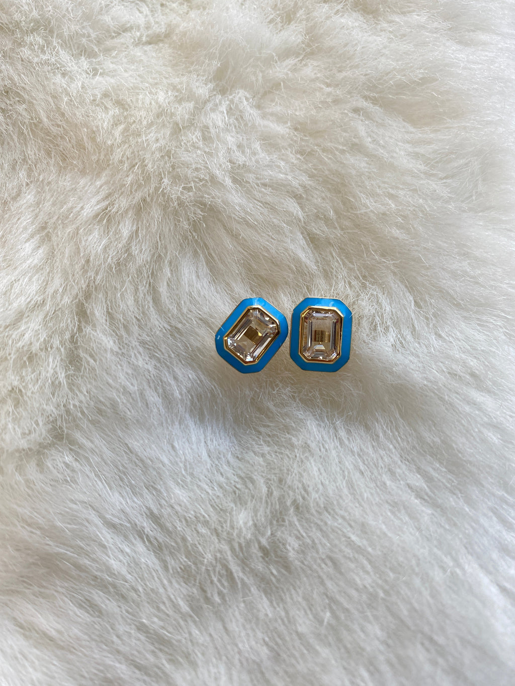 Queen Rock Crystal Emerald Cut Studs With Turquoise Enamel in 18K Yellow Gold
