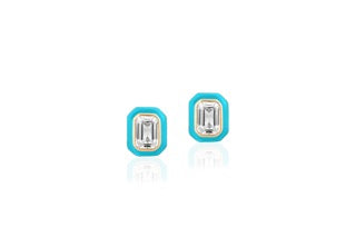 Queen Rock Crystal Emerald Cut Studs With Turquoise Enamel in 18K Yellow Gold