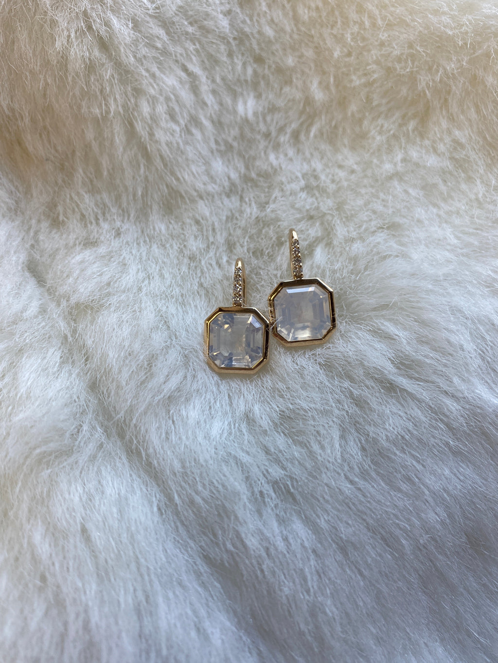 Gossip Moon Quartz Asscher Cut Earrings On French Wire with Diamond in 18K Yellow Gold