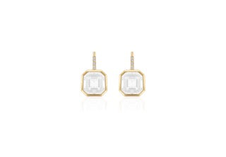 Gossip Moon Quartz Asscher Cut Earrings On French Wire with Diamond in 18K Yellow Gold
