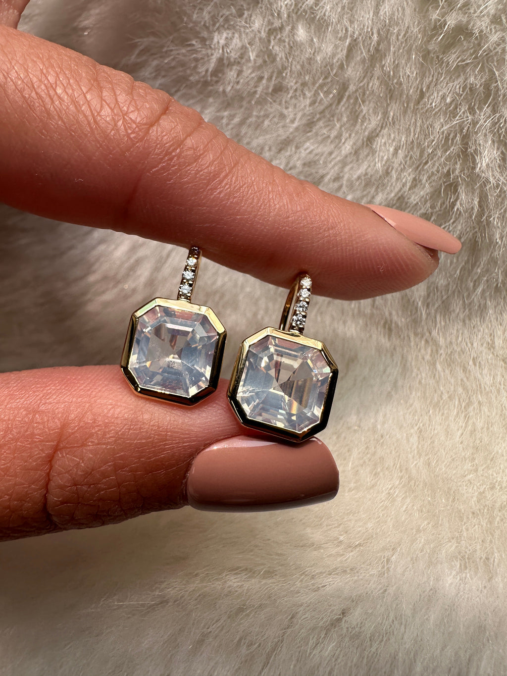 Gossip Moon Quartz Asscher Cut Earrings On French Wire with Diamond in 18K Yellow Gold
