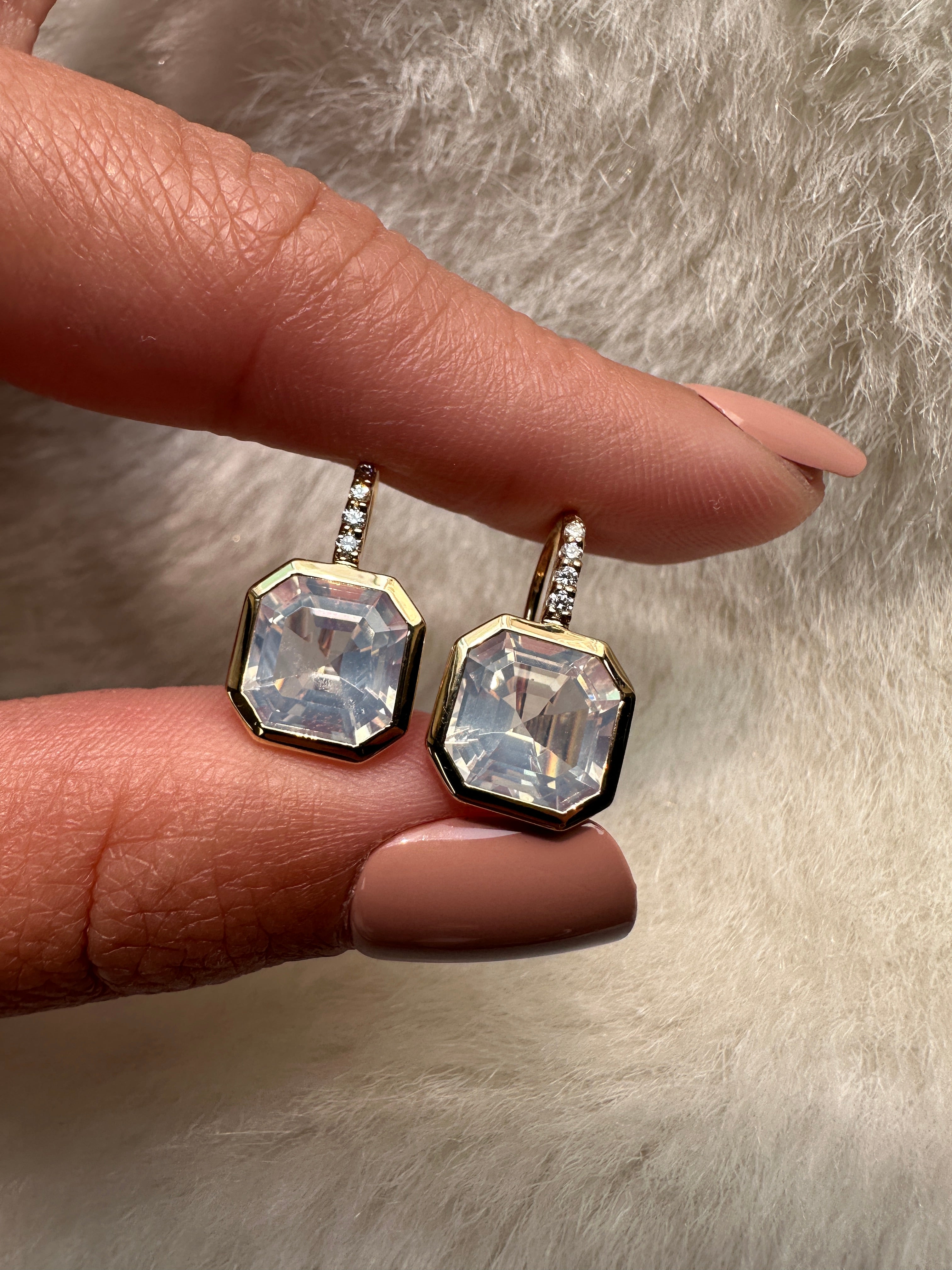 Gossip Moon Quartz Asscher Cut Earrings On French Wire with Diamond in 18K Yellow Gold