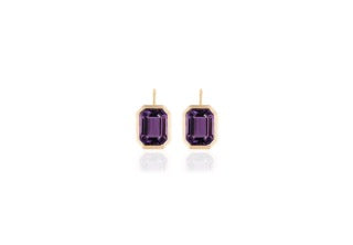 Manhattan Amethyst Emerald Cut Bezel Earrings On French Wire in 18K Yellow Gold