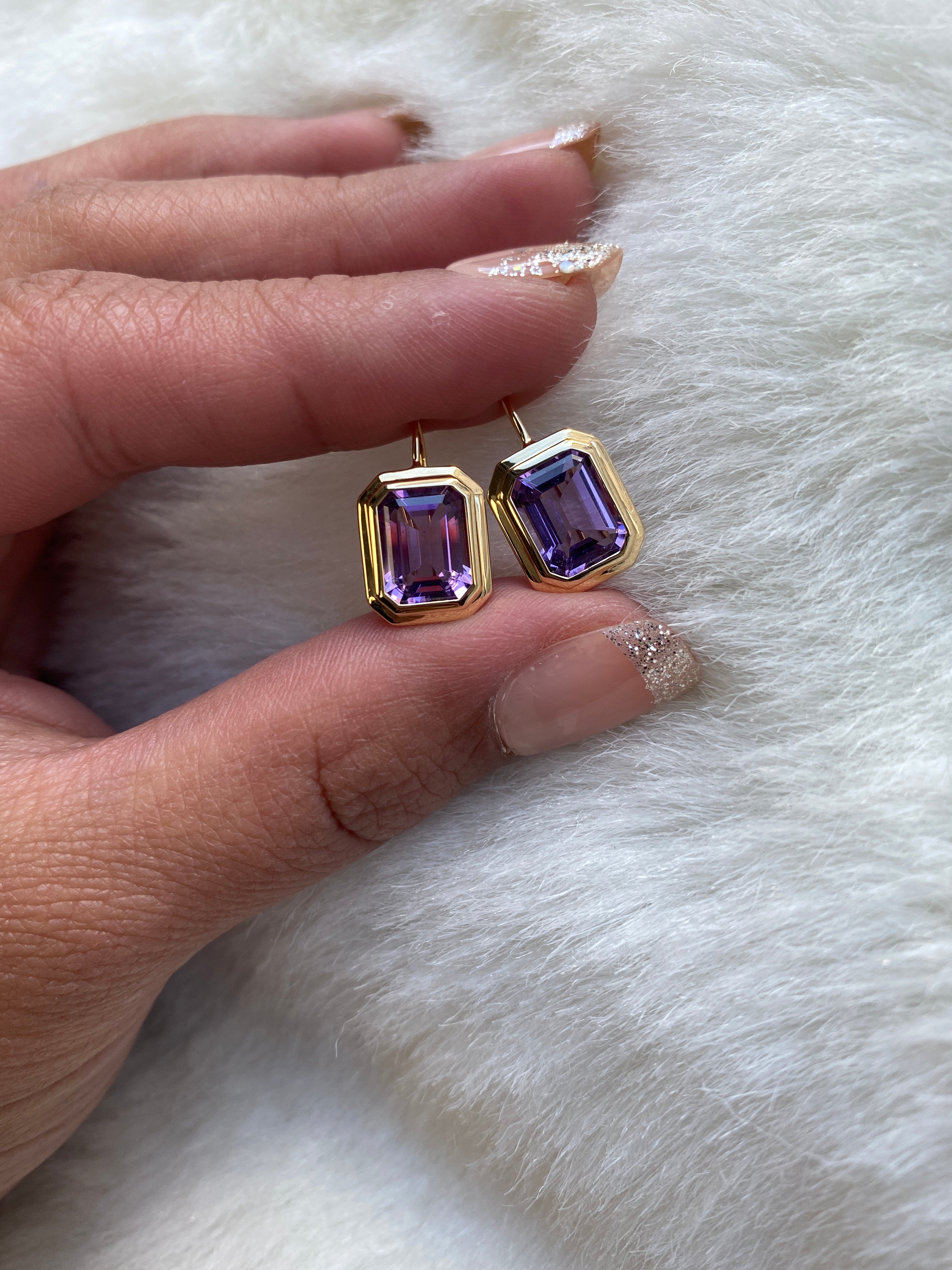 Manhattan Amethyst Emerald Cut Bezel Earrings On French Wire in 18K Yellow Gold