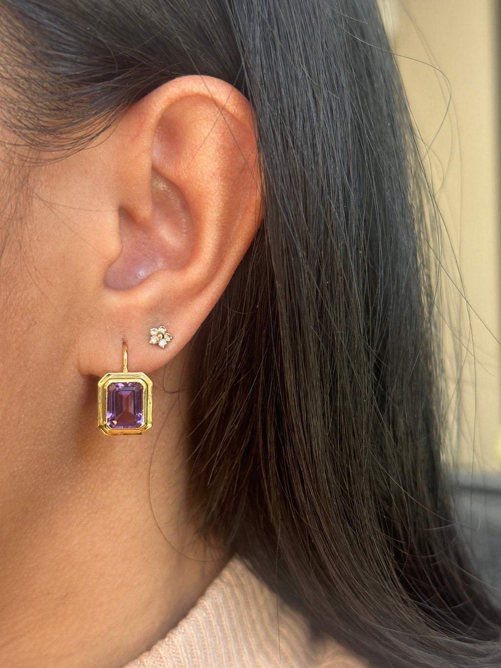 Manhattan Amethyst Emerald Cut Bezel Earrings On French Wire in 18K Yellow Gold