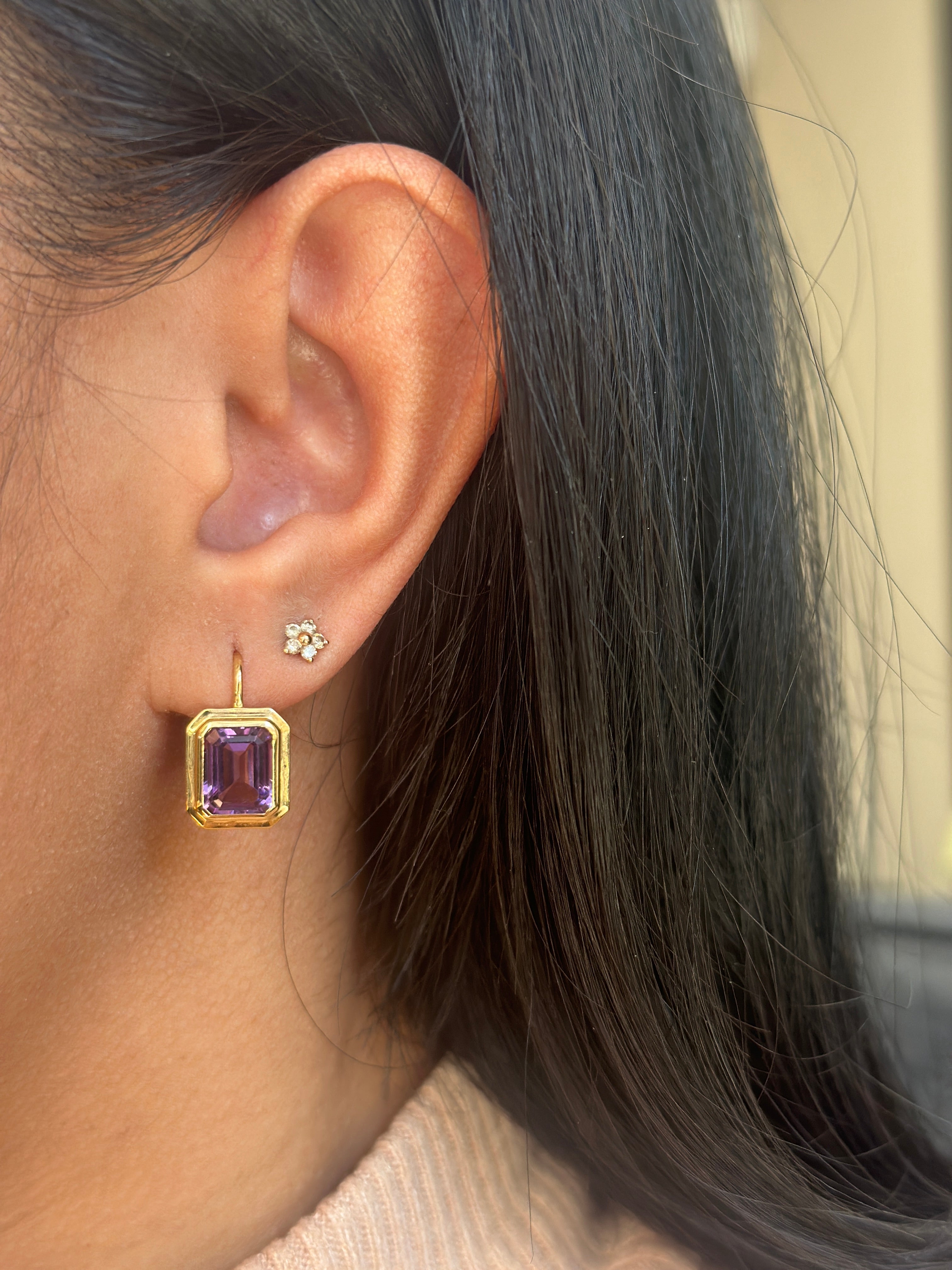 Manhattan Amethyst Emerald Cut Bezel Earrings On French Wire in 18K Yellow Gold