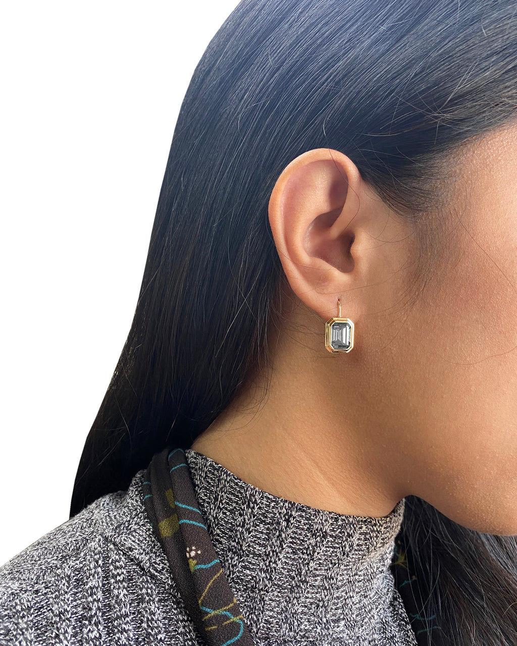 Manhattan Rock Crystal Emerald Cut Bezel Earring on Wire in 18K Yellow Gold