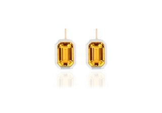 Queen Citrine Emerald Cut Earrings With White Enamel On French Wire in 18K Yellow Gold