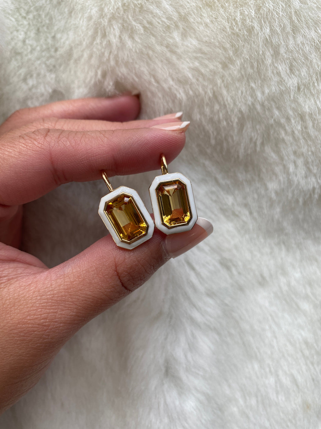 Queen Citrine Emerald Cut Earrings With White Enamel On French Wire in 18K Yellow Gold