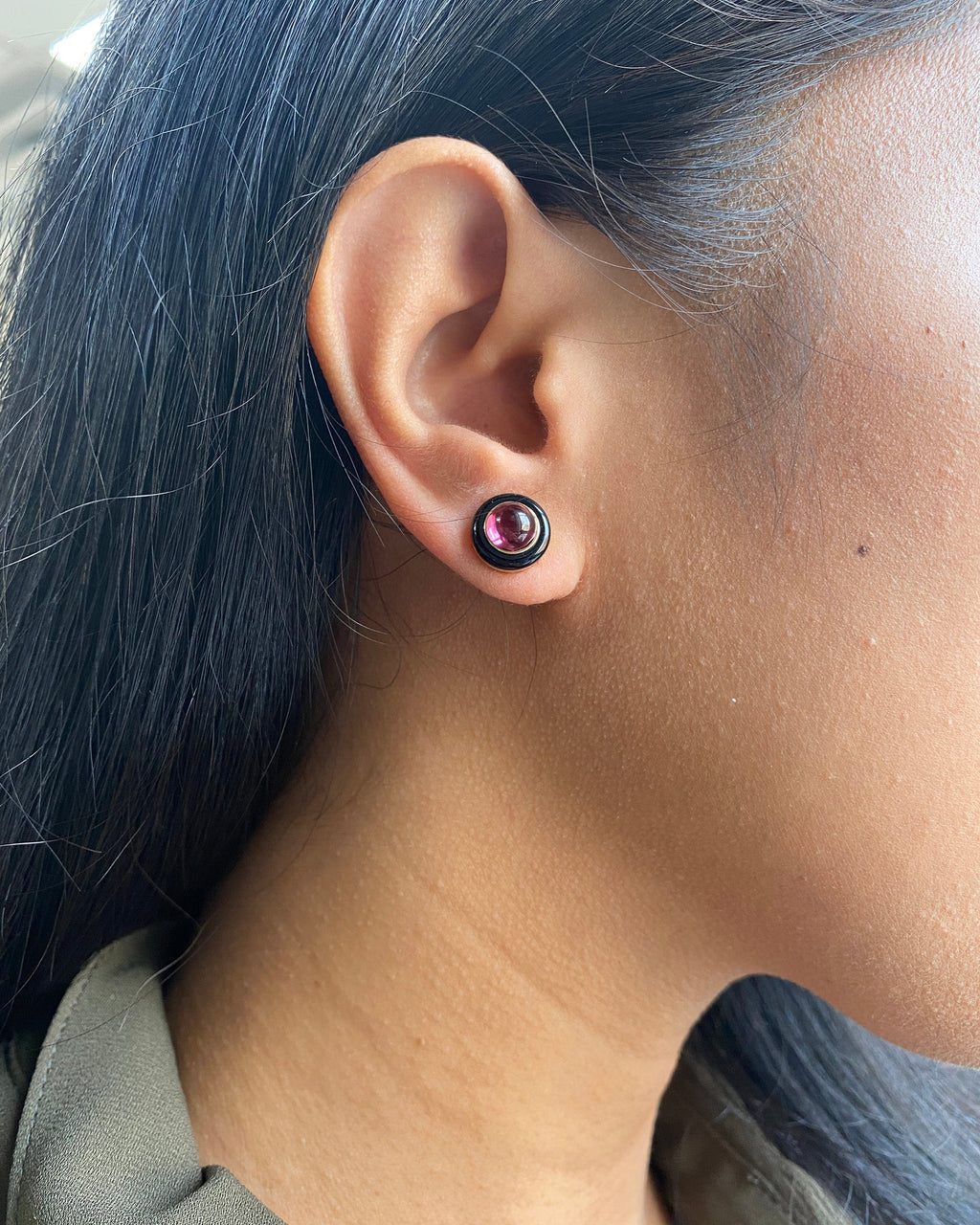 Garnet & Onyx 18k Gold Limited Edition Halo Stud Earrings