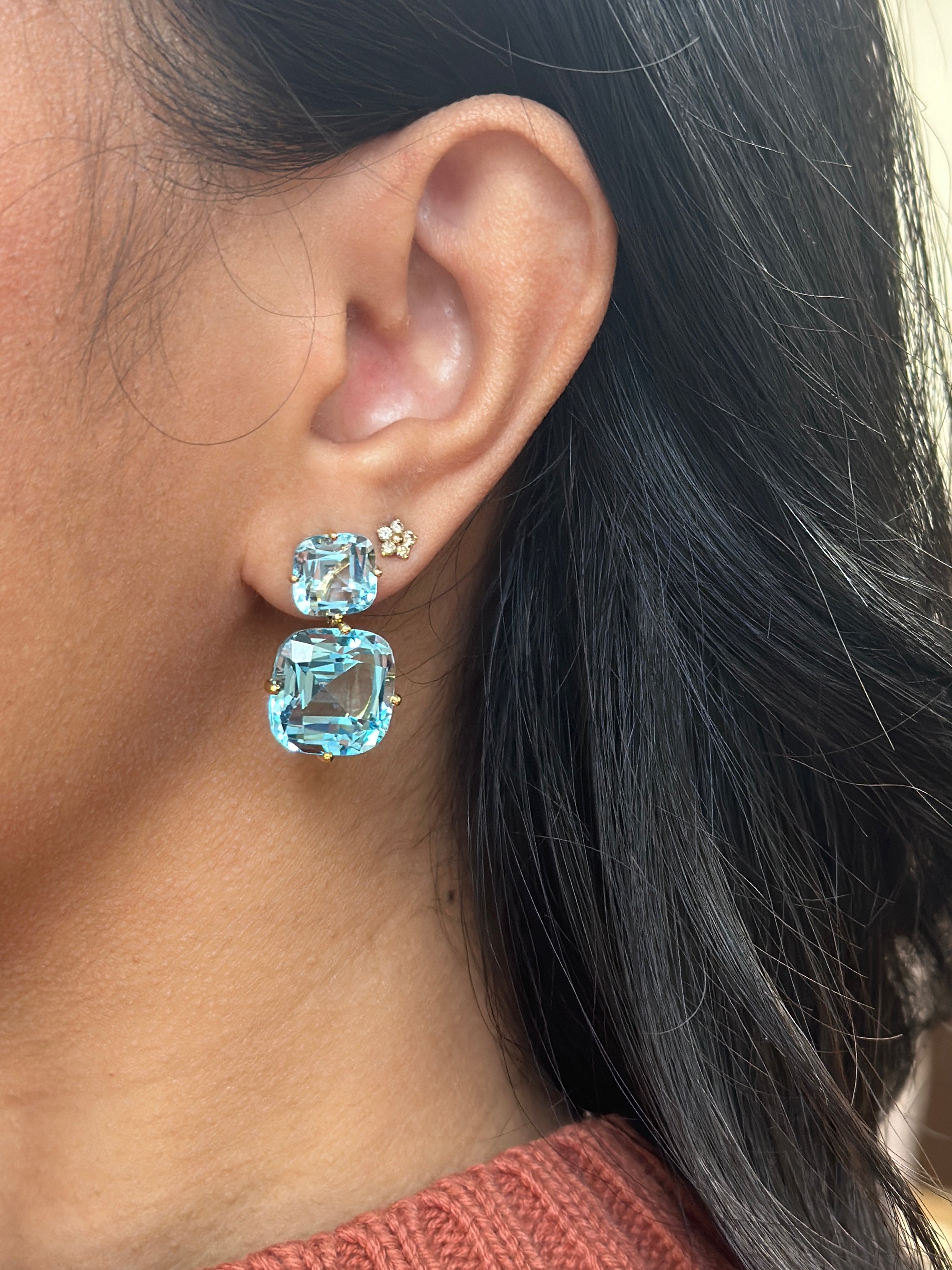 Gossip Blue Topaz 2 Tier Cushion Cut Earrings in 18K Yellow Gold