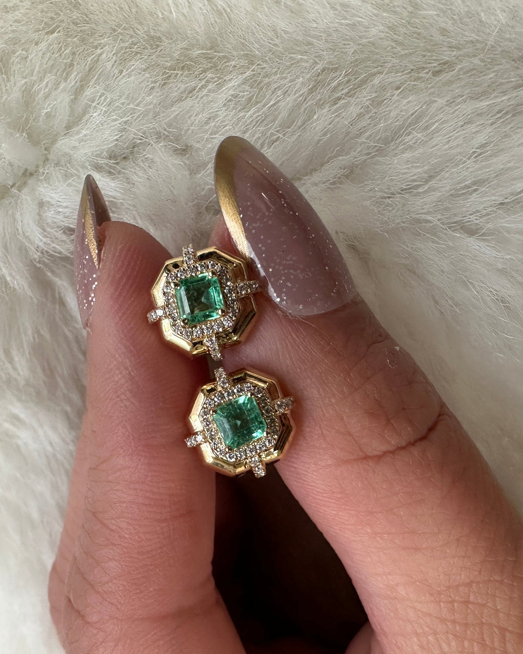 Emerald & Diamond 18k Gold Stud Earrings