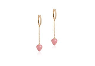 Limited Edition Guava Quartz Drop Earrings with Diamonds Bar and Huggies in 18K Yellow Gold