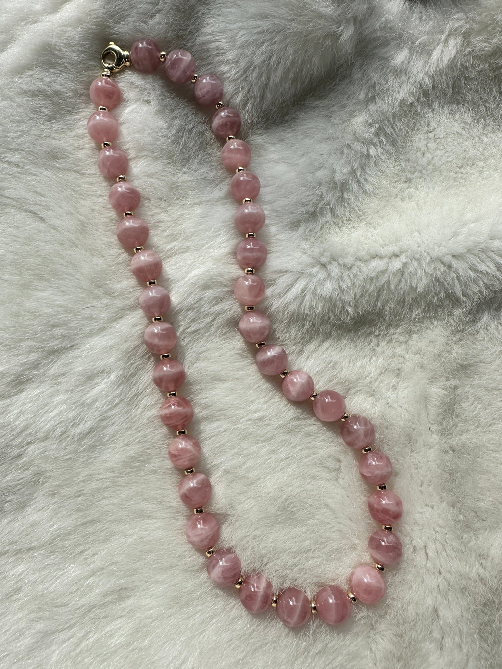 Beyond 12mm Rose Quartz Bead Necklace in 18KY with Cushion clasp and gold rondels.