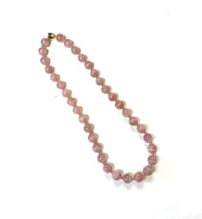 Beyond 12mm Rose Quartz Bead Necklace in 18KY with Cushion clasp and gold rondels.