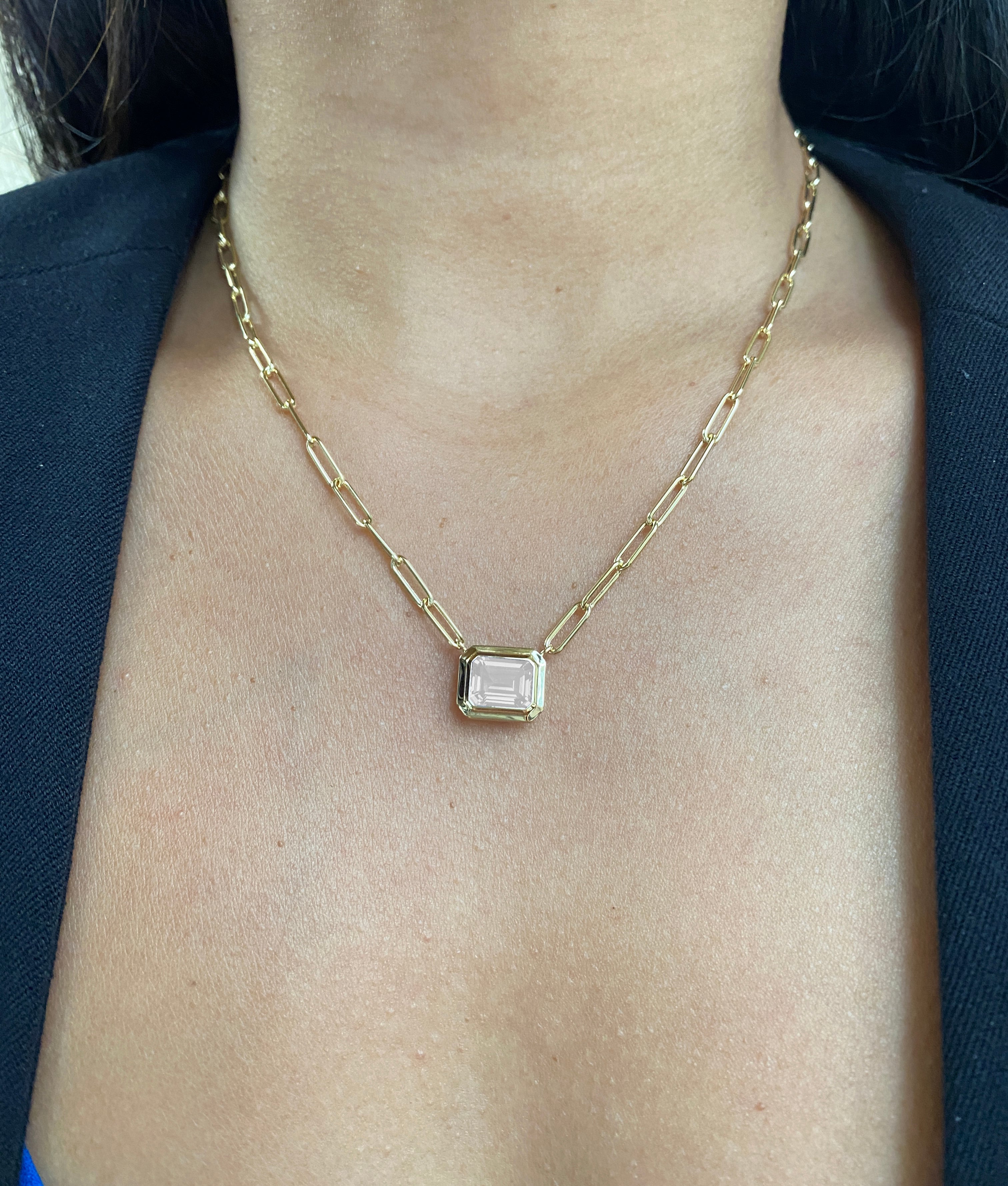 Manhattan Moon Quartz Emerald Cut Bezel Pendant in 18K Yellow Gold