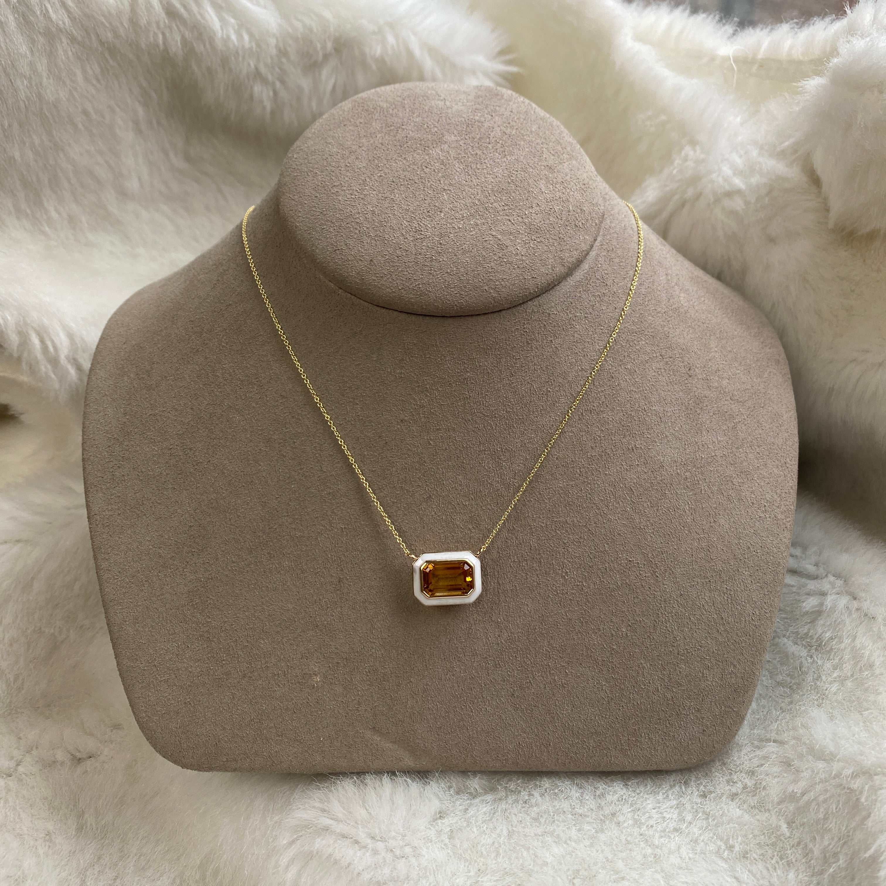 Queen Citrine Emerald Cut East-West Pendant With White Enamel in 18K Yellow Gold