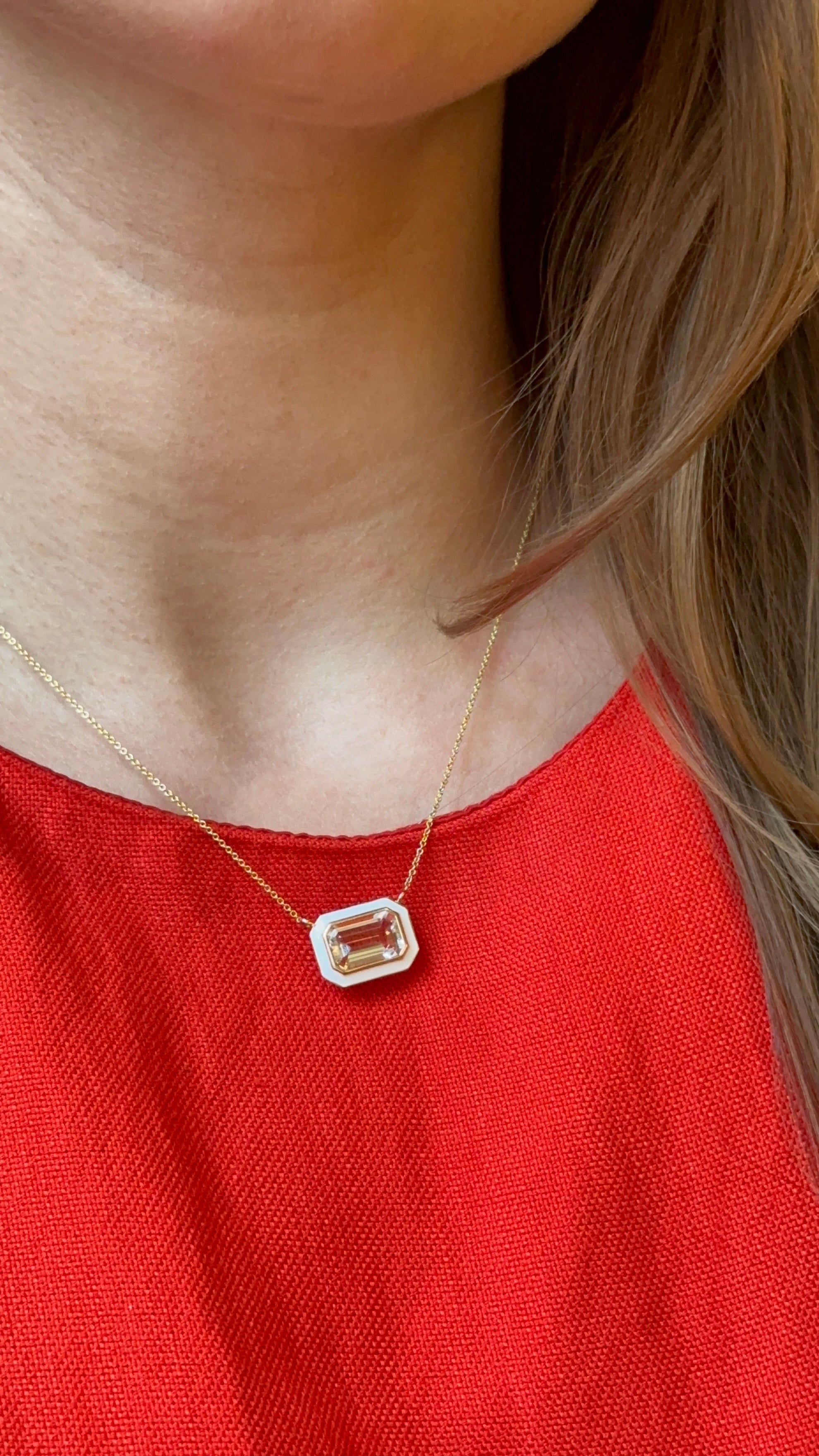 Queen Rock Crystal Emerald Cut East-West Pendant With White Enamel in 18K Yellow Gold