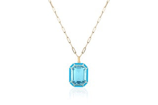 Mélange Blue Topaz Emerald Cut Pendant With Turquoise inlay in 18K Yellow Gold
