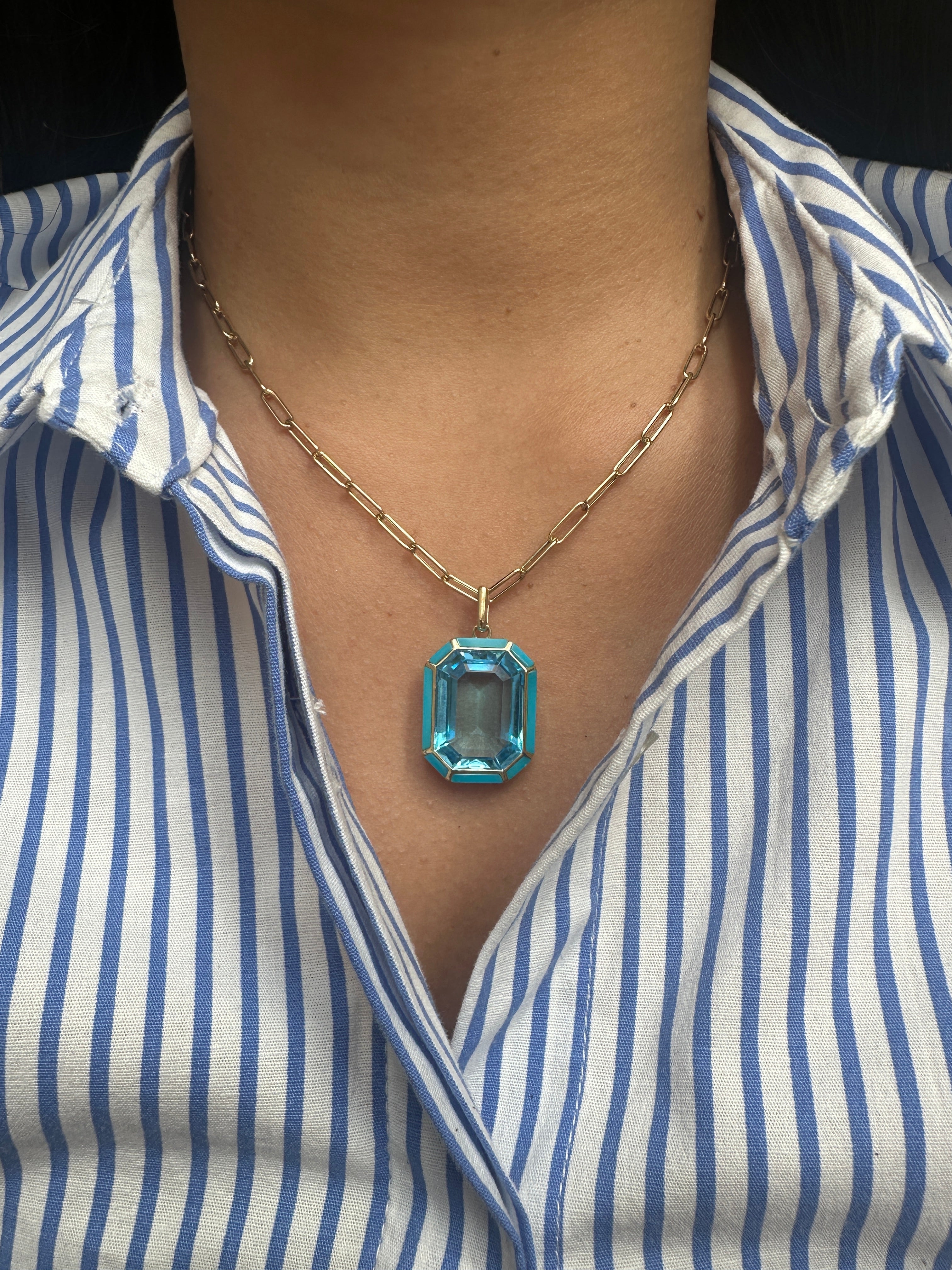 Mélange Blue Topaz Emerald Cut Pendant With Turquoise inlay in 18K Yellow Gold
