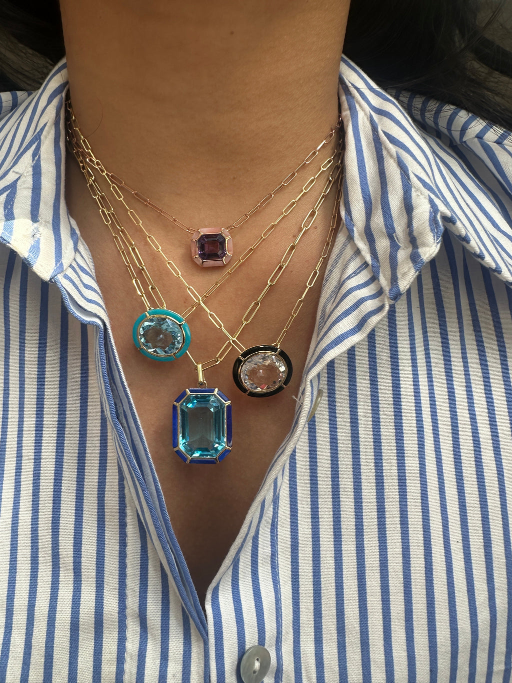 Mélange Amethyst Emerald Cut Pendant With Pink Opal inlay in 18K Rose Gold