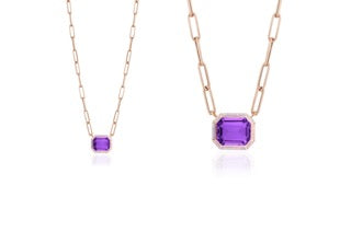 Mélange Amethyst Emerald Cut Pendant With Pink Opal inlay in 18K Rose Gold