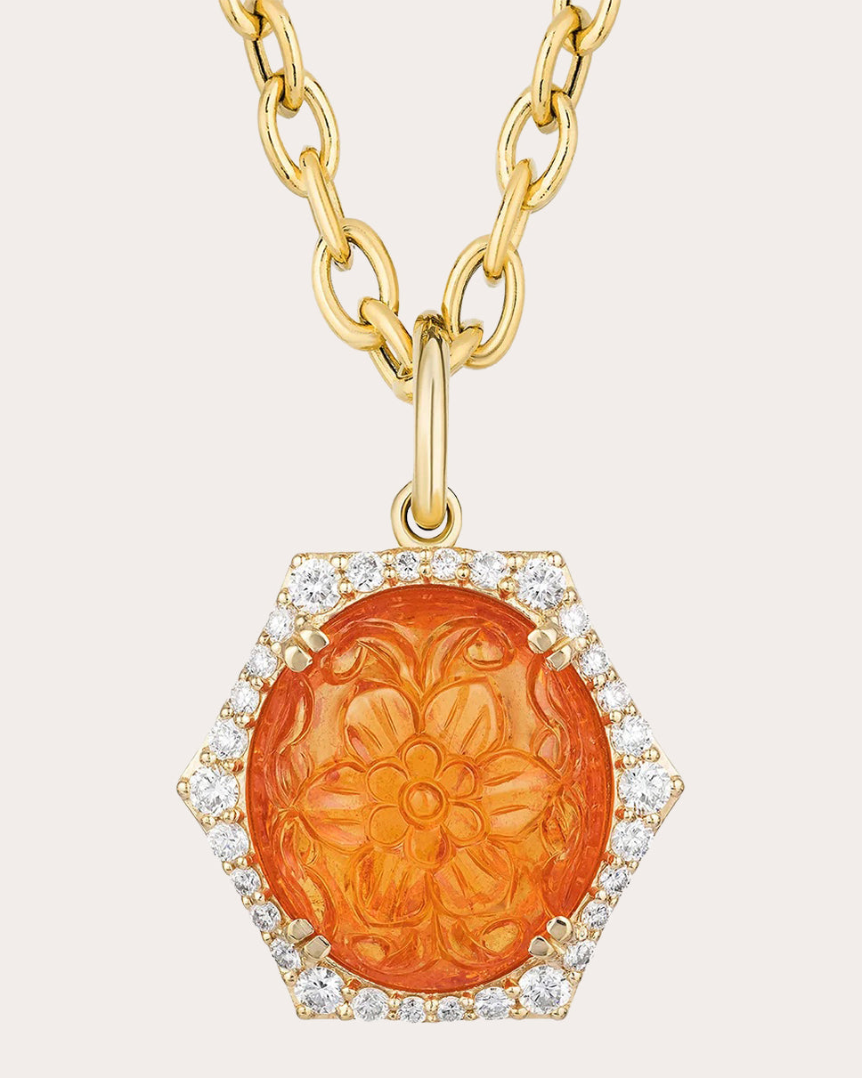 Carved Mandarin Garnet G-One Pendant Necklace