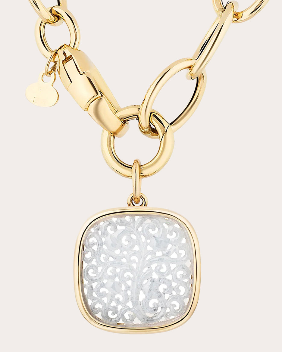 Carved White Jade G-One Cushion Pendant Necklace