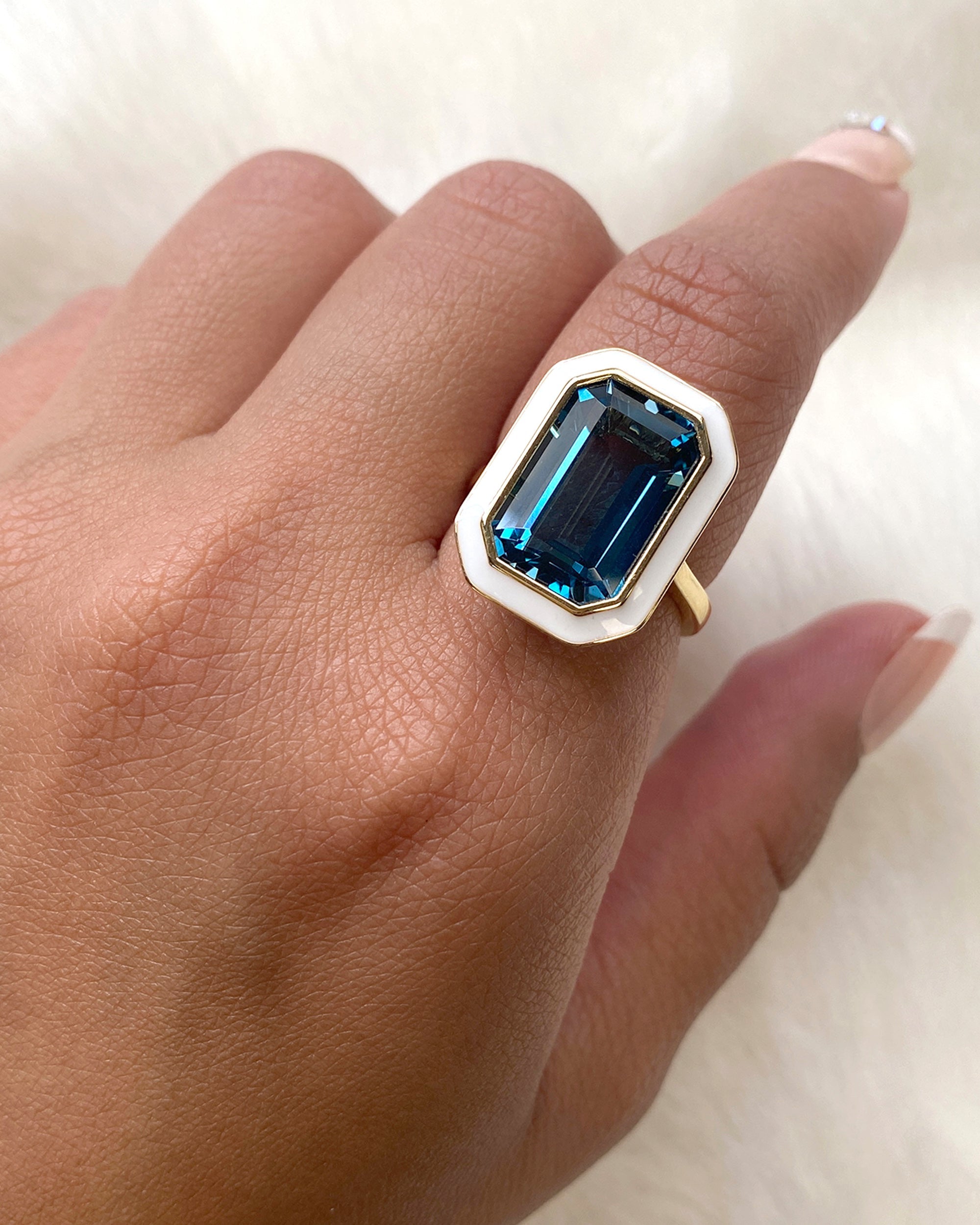 Blue Topaz & White Enamel Queen Ring