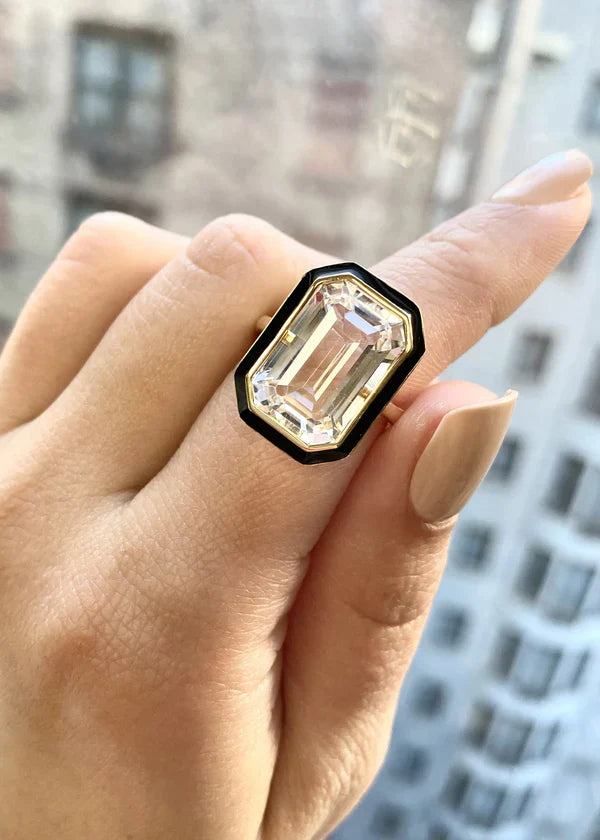 Crystal & Black Enamel 18k Gold Queen Ring