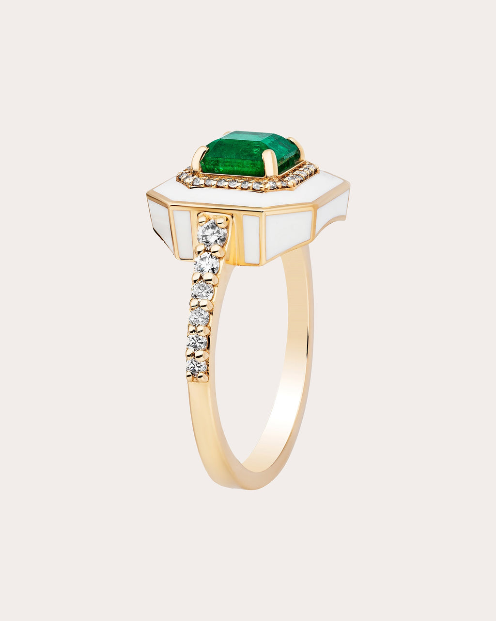 Limited Edition 18K Gold Enamel Emerald and Diamond Ring