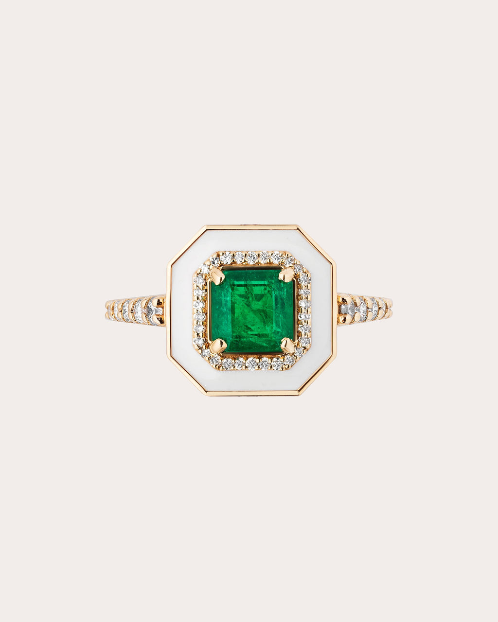 Limited Edition 18K Gold Enamel Emerald and Diamond Ring