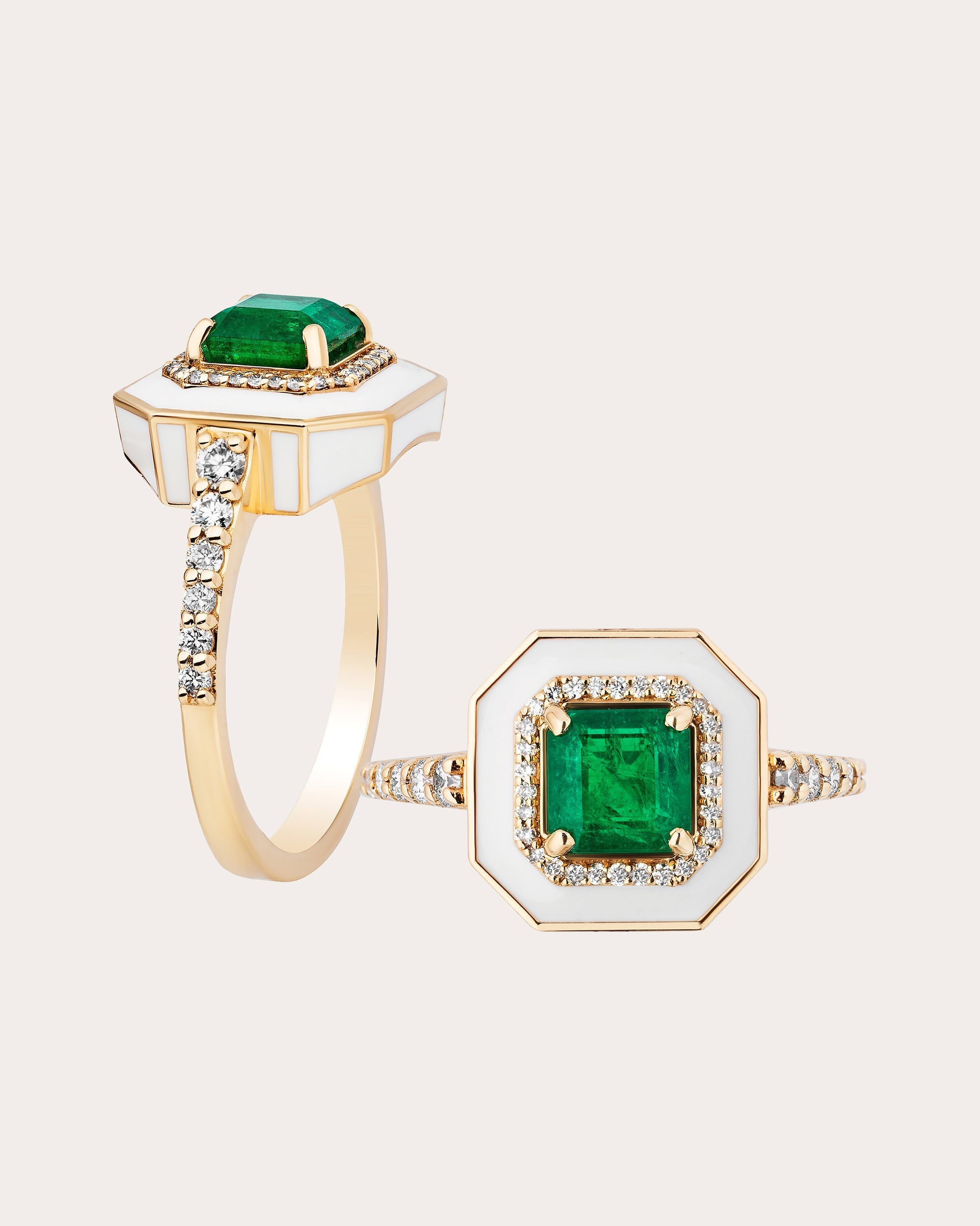 Limited Edition 18K Gold Enamel Emerald and Diamond Ring