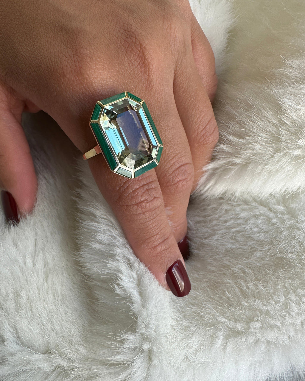 Prasiolite & Malachite Emerald-Cut Ring