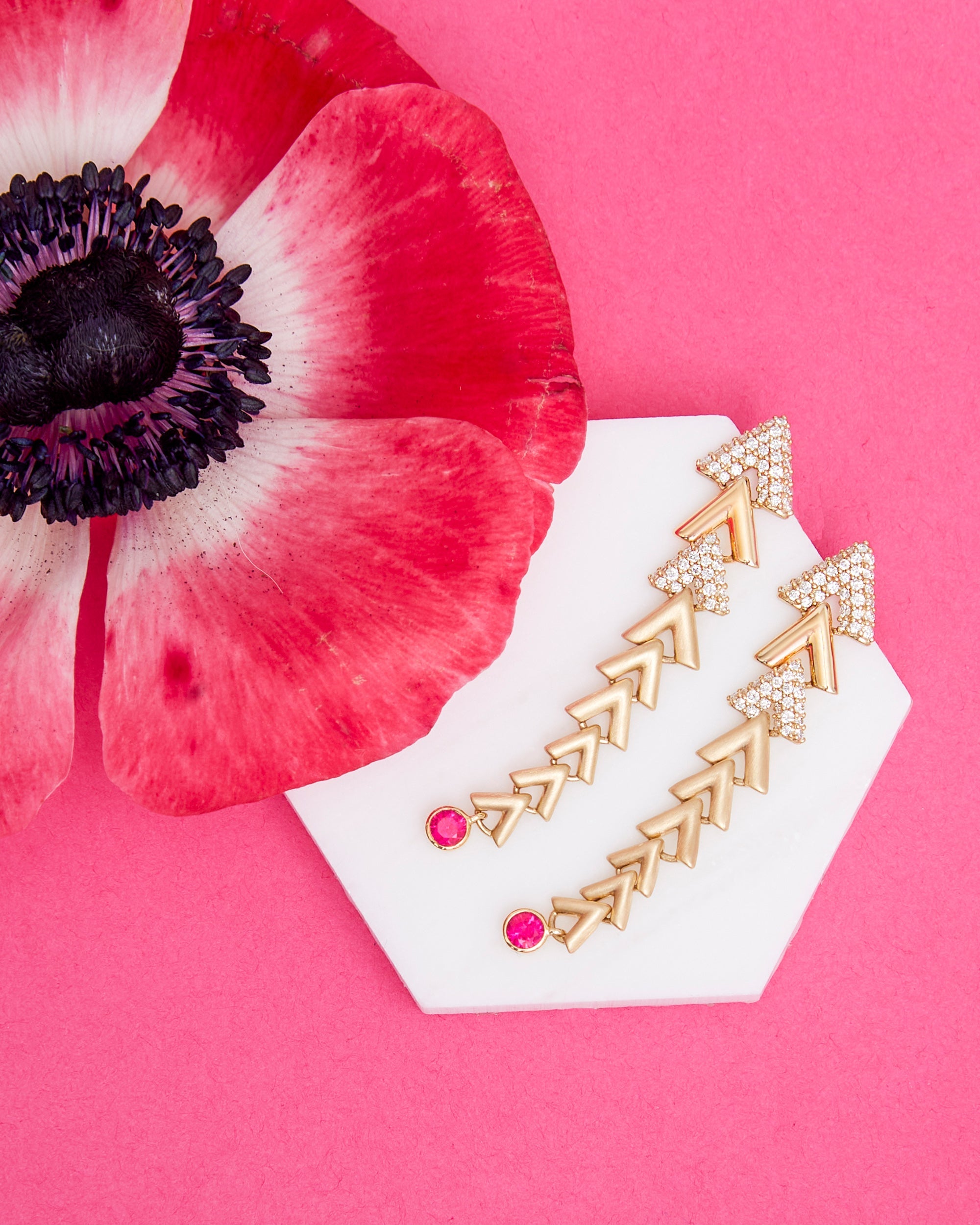 Pink Sapphire & 14k Gold Spark Chevron Drop Earrings