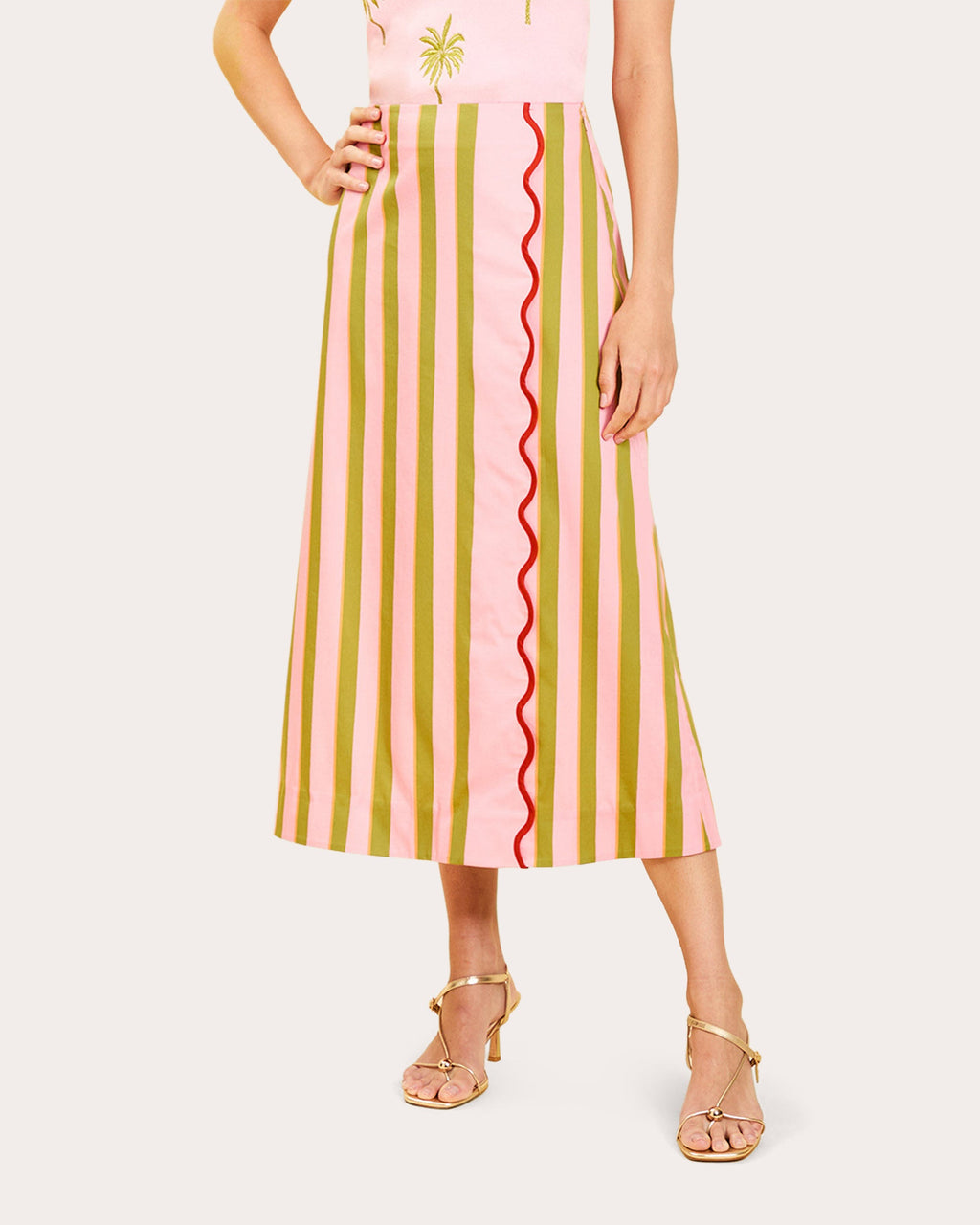 Joyah Stripe Poplin Scalloped Midi Skirt
