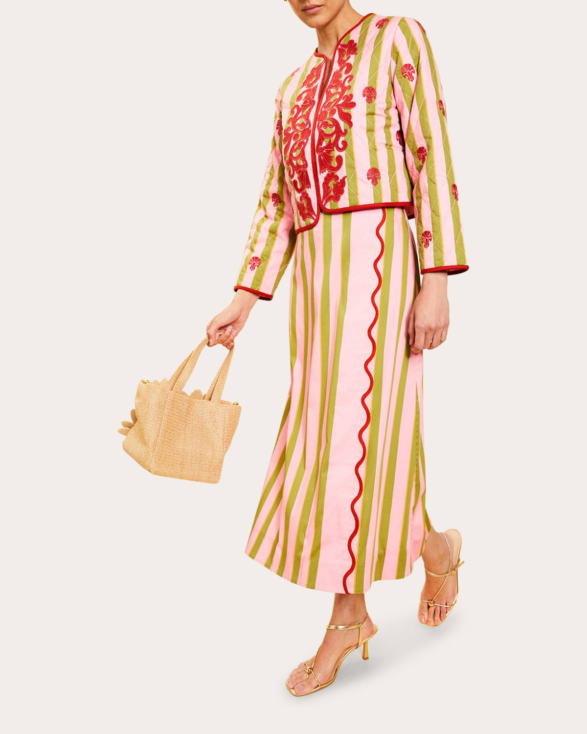Joyah Stripe Poplin Scalloped Midi Skirt