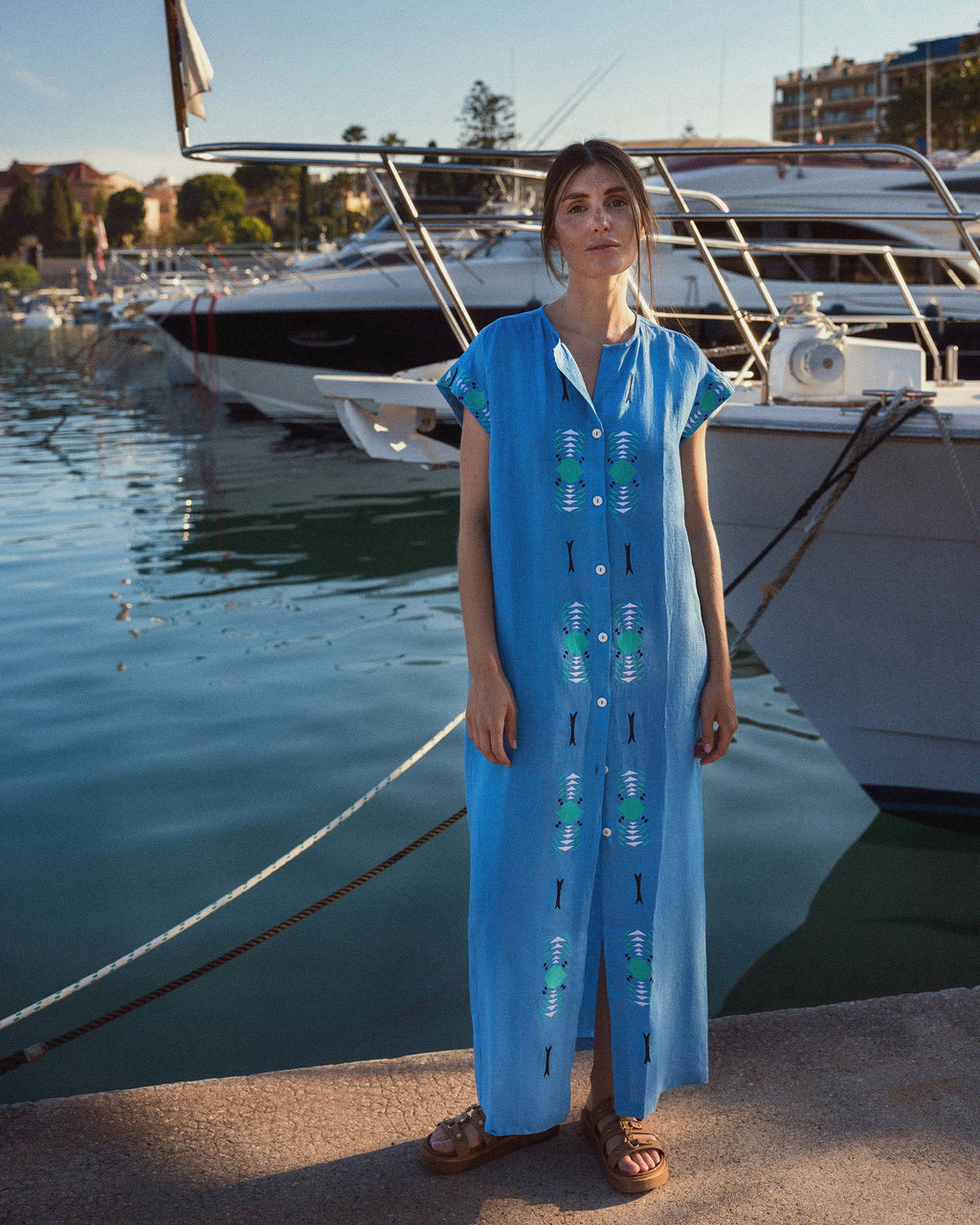 Yuhin Embroidered Linen Button Maxi Dress