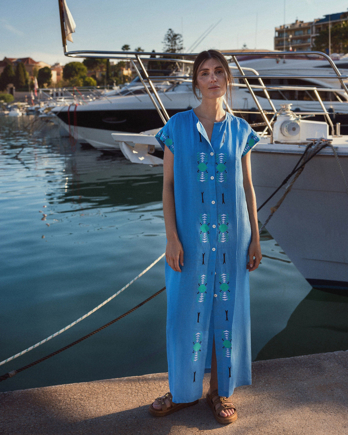Yuhin Embroidered Linen Button Maxi Dress
