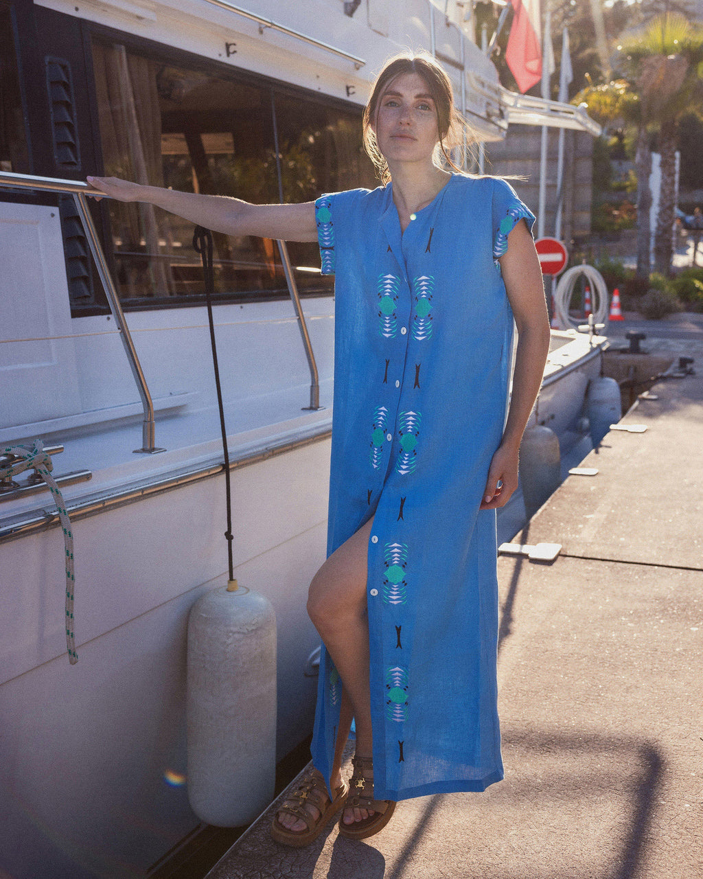 Yuhin Embroidered Linen Button Maxi Dress