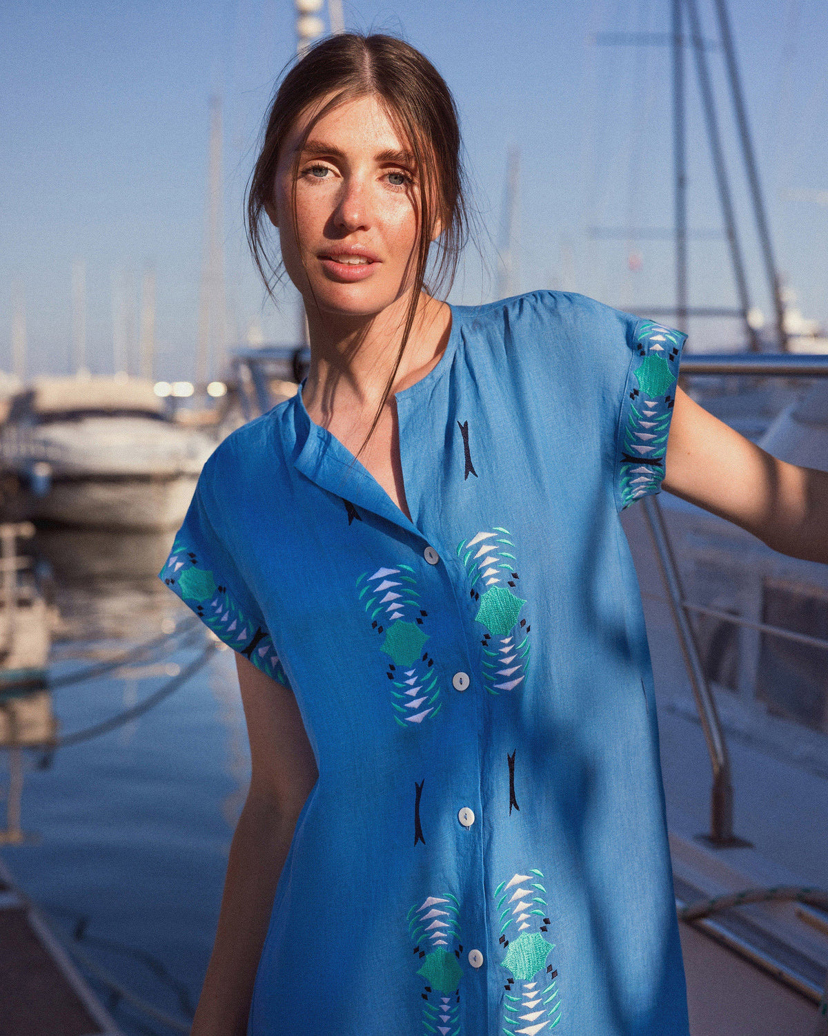 Yuhin Embroidered Linen Button Maxi Dress