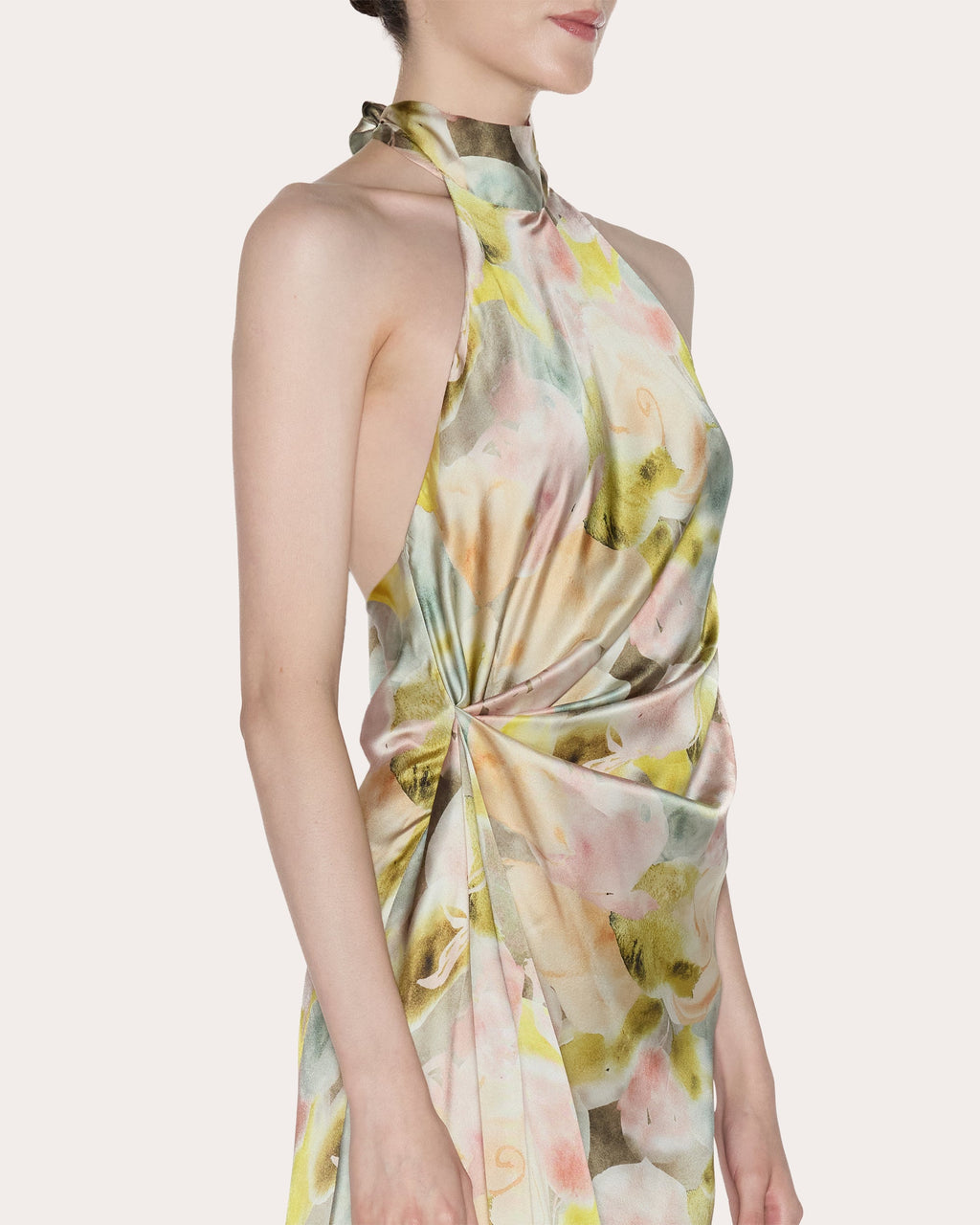 Ethereal Floral Silk Draped Halter Gown