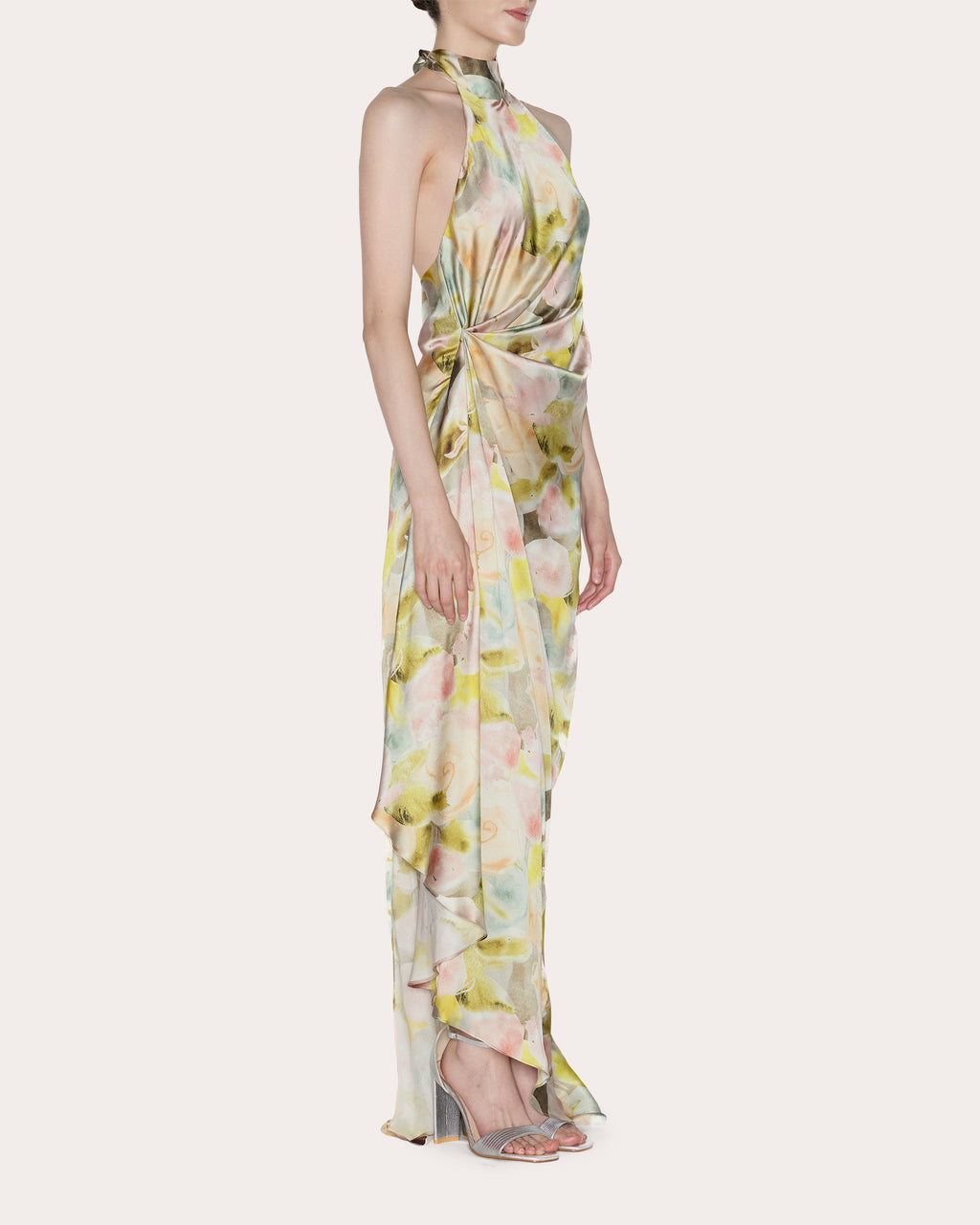 Ethereal Floral Silk Draped Halter Gown