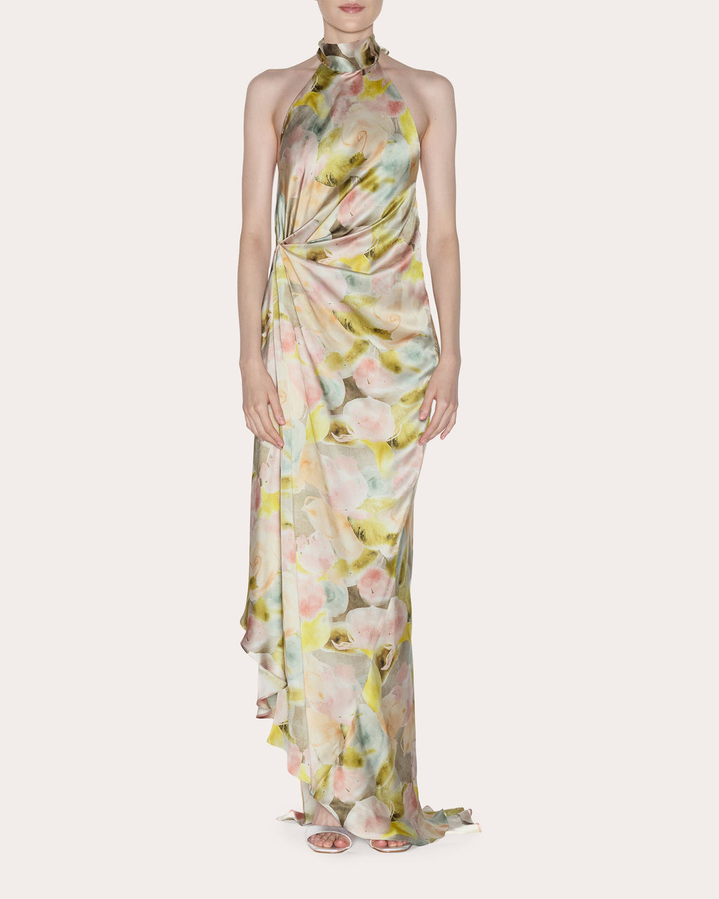 Ethereal Floral Silk Draped Halter Gown
