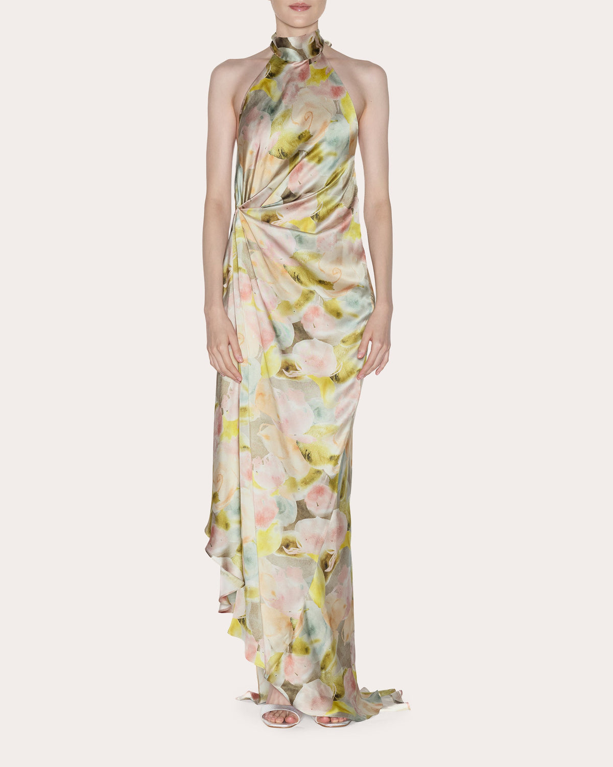 Ethereal Floral Silk Draped Halter Gown