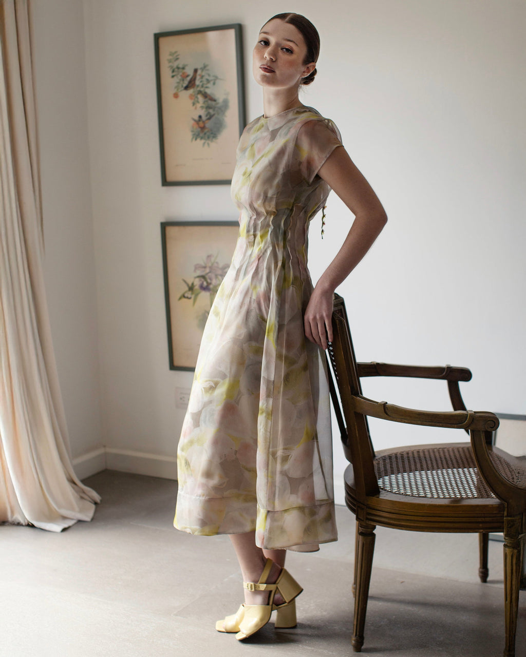 Essence Floral Silk Organza Pleated Midi Dress