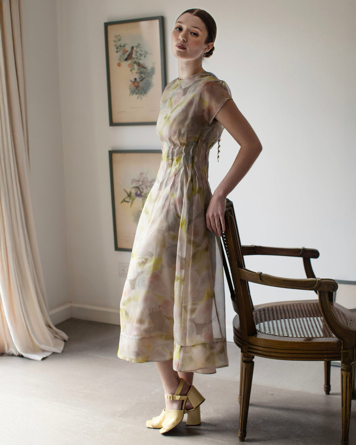 Essence Floral Silk Organza Pleated Midi Dress