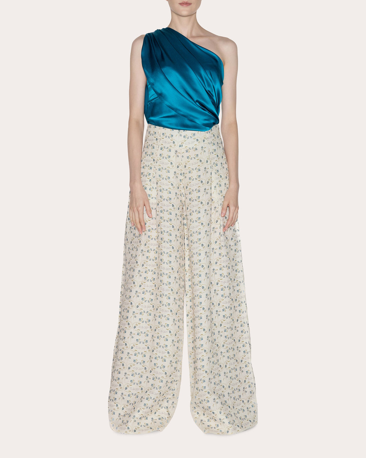 Timeless Floral Linen Pleated Wide-Leg Pants